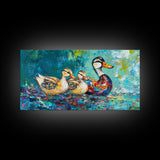 Duck Family, bird art, whimsical art, teal wall art, gift idea for her, landscape painting, extra wide art, Framed Canvas Print