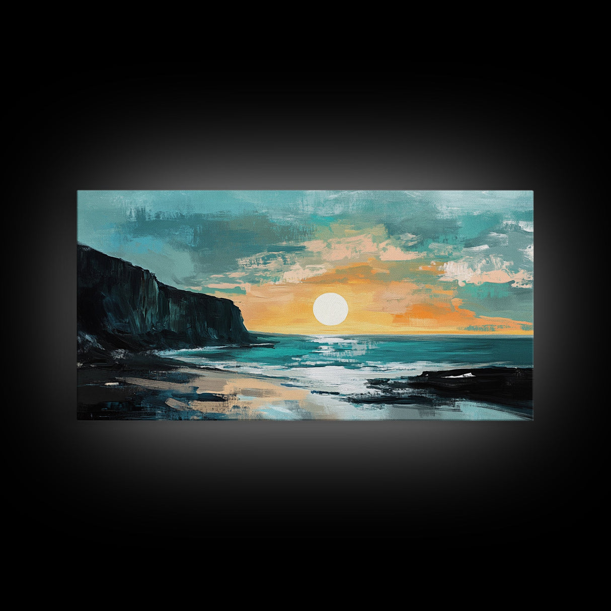 Sunset Cliffs, nautical wall art, coastal painting, surf wall art, panoramic art, above couch art, boho art, Framed Canvas Print
