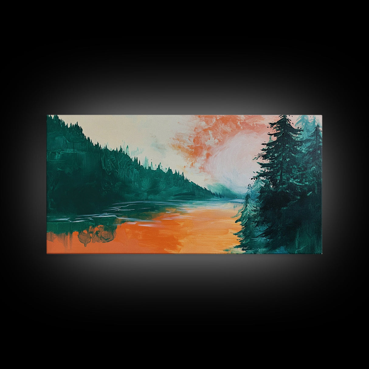 Forest Lake, pine tree art, landscape painting, rustic wall art, autumn painting, extra wide art, wabi sabi art, Framed Canvas Print