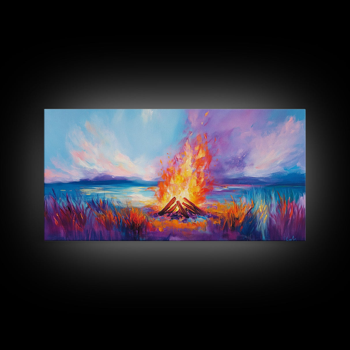 Bonfire at Sunset, Coastal Wall Art, Pink Orange Wall Art, Extra Wide Art, Horizontal Wall Art, Framed Canvas Print, Moody Art