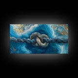 Ocean Rope, nautical decor, blue and gold wall art, coastal painting, seascape painting, horizontal wall art, Framed Canvas Print