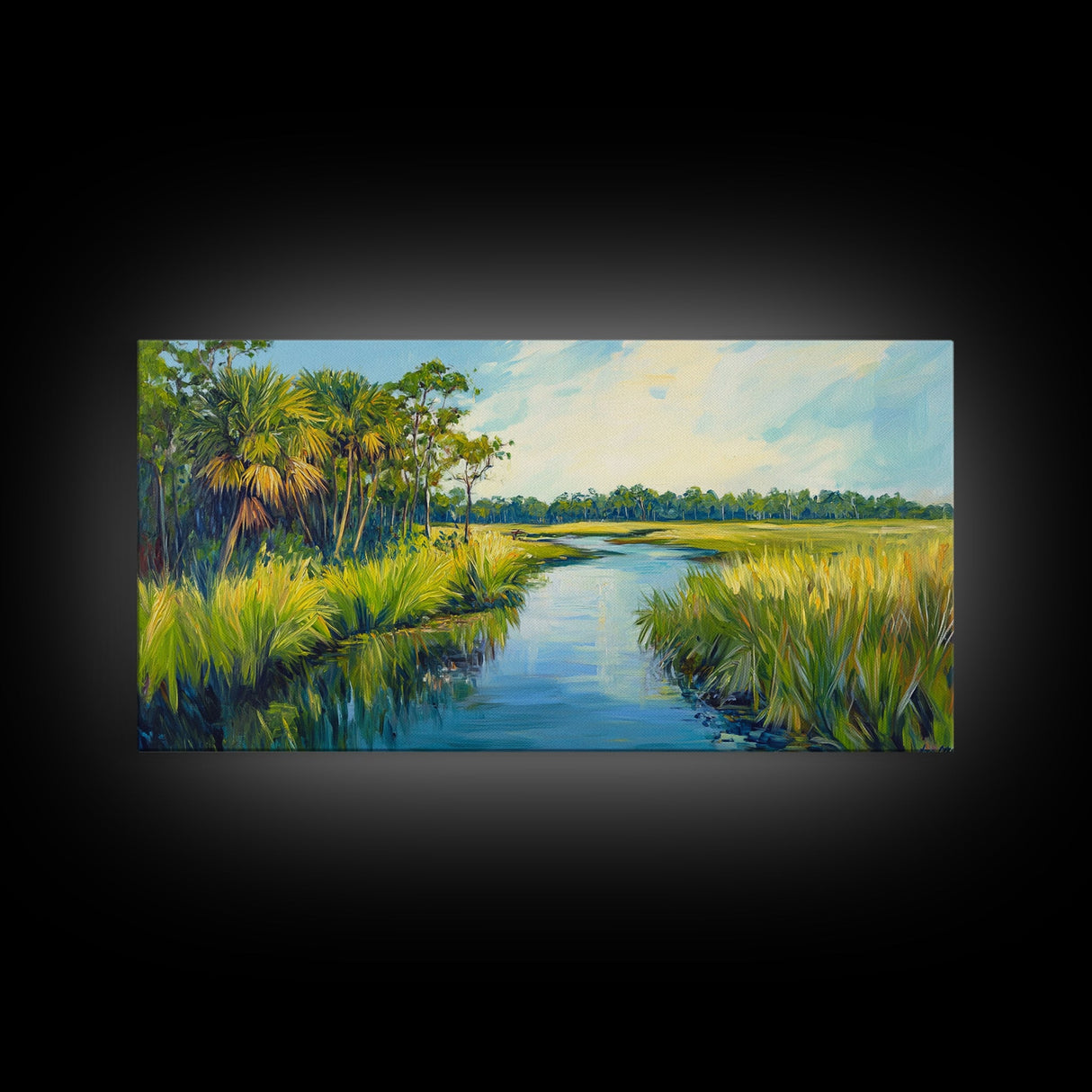 Marshland View, palm tree painting, tropical landscape, coastal decor, green wall art, rustic wall art, Framed Canvas Print