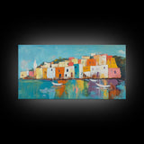 Mediterranean Village, coastal painting, Italy art, colorful homes, seascape painting, extra wide art, Canvas Print, panoramic art