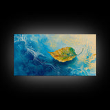 Leaf in Water, blue and green wall art, coastal decor, wabi sabi art, extra wide art, panoramic painting, Canvas Print, gift idea