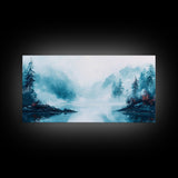 Misty Mountains, pine tree art, wabi sabi wall art, smoky mountain art, panoramic painting, nature painting, Framed Canvas Print