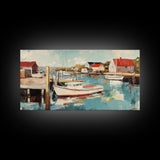 Harbor Boats, Nantucket painting, coastal painting, nautical wall art, fisherman painting, framed canvas print, extra wide art