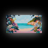 Tropical Beach, coastal wall art, Hawaii art, pink orange wall art, extra wide art, panoramic painting, framed canvas print