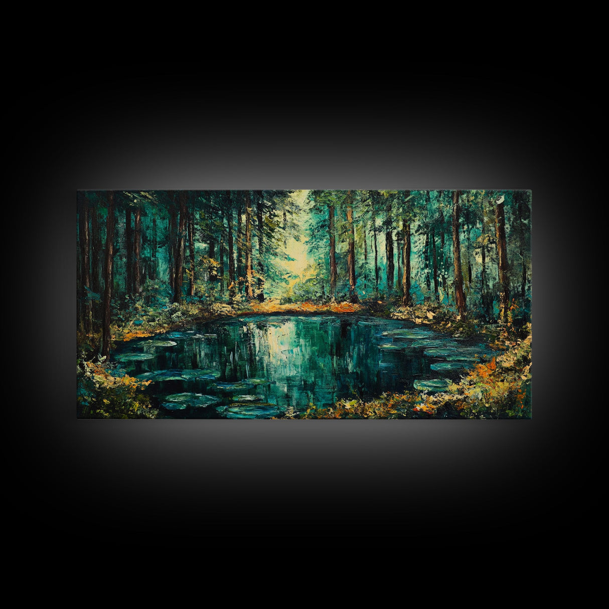 Enchanted Forest Pond, Canvas Print, landscape painting, pine tree art, forest at dusk painting, lake Tahoe art, extra wide art