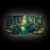 Enchanted Forest Pond, Canvas Print, landscape painting, pine tree art, forest at dusk painting, lake Tahoe art, extra wide art