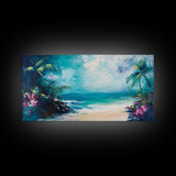 Tropical Beach, Framed Canvas Print, coastal painting, palm tree painting, Hawaii art, nautical decor, coastal wall art