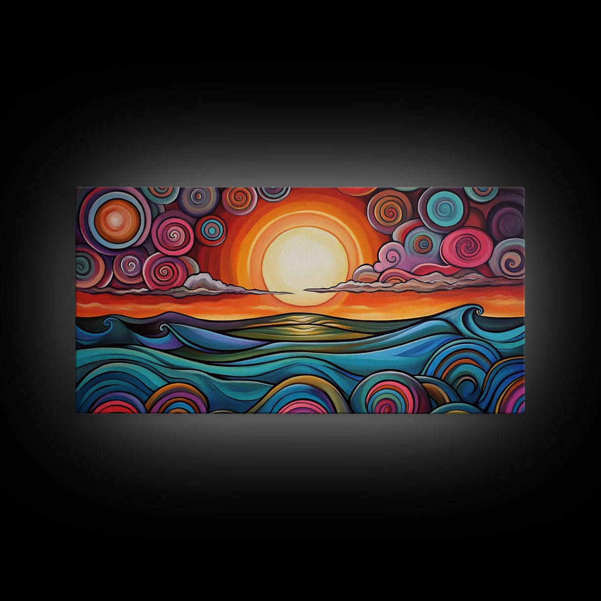 Sunset Waves, Canvas Print, surf wall art, geometric wall art, pink orange wall art, colorful abstract art, extra wide art, boho art