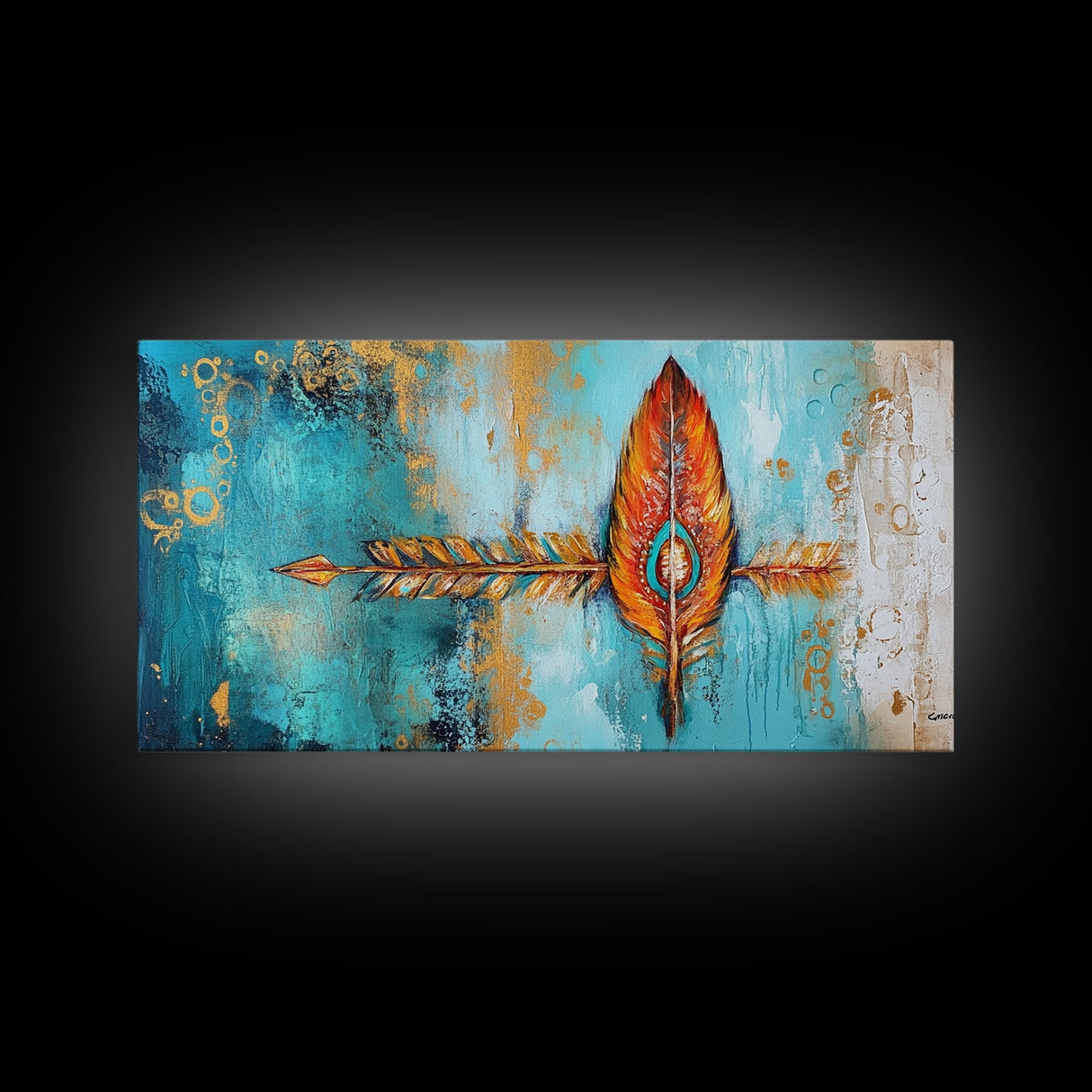 Tribal Arrow, Framed Canvas Print, geometric wall art, teal wall art, sacred geometry wall art, boho art, extra wide art