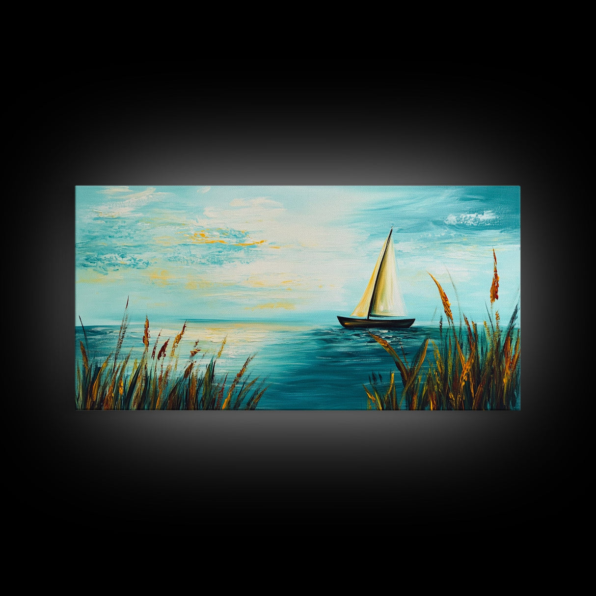 Serene Sailboat, Canvas Print, sailboat painting, coastal painting, nautical wall art, blue and green wall art, extra wide art