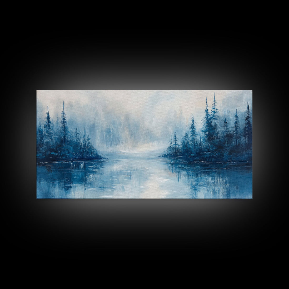 Misty Lake Scene, Moody Art, Pine Tree Art, Landscape Painting, Framed Canvas Print, Bedroom Art, Above Bed Wall Art