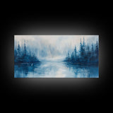 Misty Lake Scene, Moody Art, Pine Tree Art, Landscape Painting, Framed Canvas Print, Bedroom Art, Above Bed Wall Art
