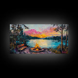 Campfire by Lake, Mountain Painting, Landscape Art, Moody Art, Framed Canvas Print, Above Sofa Art, Wabi Sabi Art, Rustic Decor