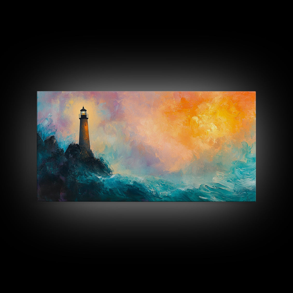 Lighthouse Sunset, coastal painting, nautical wall art, seascape painting, lighthouse art, framed canvas print, panoramic art