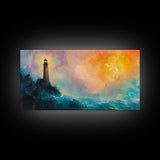 Lighthouse Sunset, coastal painting, nautical wall art, seascape painting, lighthouse art, framed canvas print, panoramic art