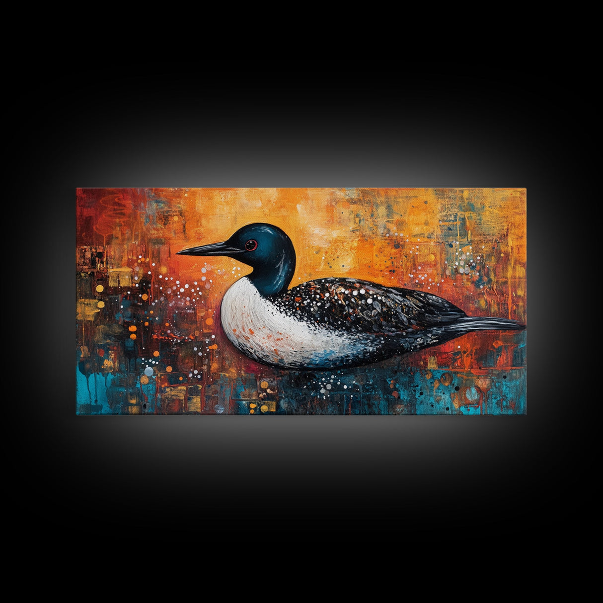 Loon Bird Painting, bird art, wildlife art, nature painting, teal wall art, framed canvas print, lake decor, rustic wall art