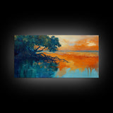 Mangrove Sunset Painting, coastal landscape art, blue and green wall art, seascape painting, nautical wall art, framed canvas print