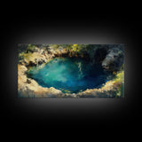 Hidden Lagoon Painting, landscape painting, blue and green wall art, wabi sabi wall art, framed canvas print, nature painting