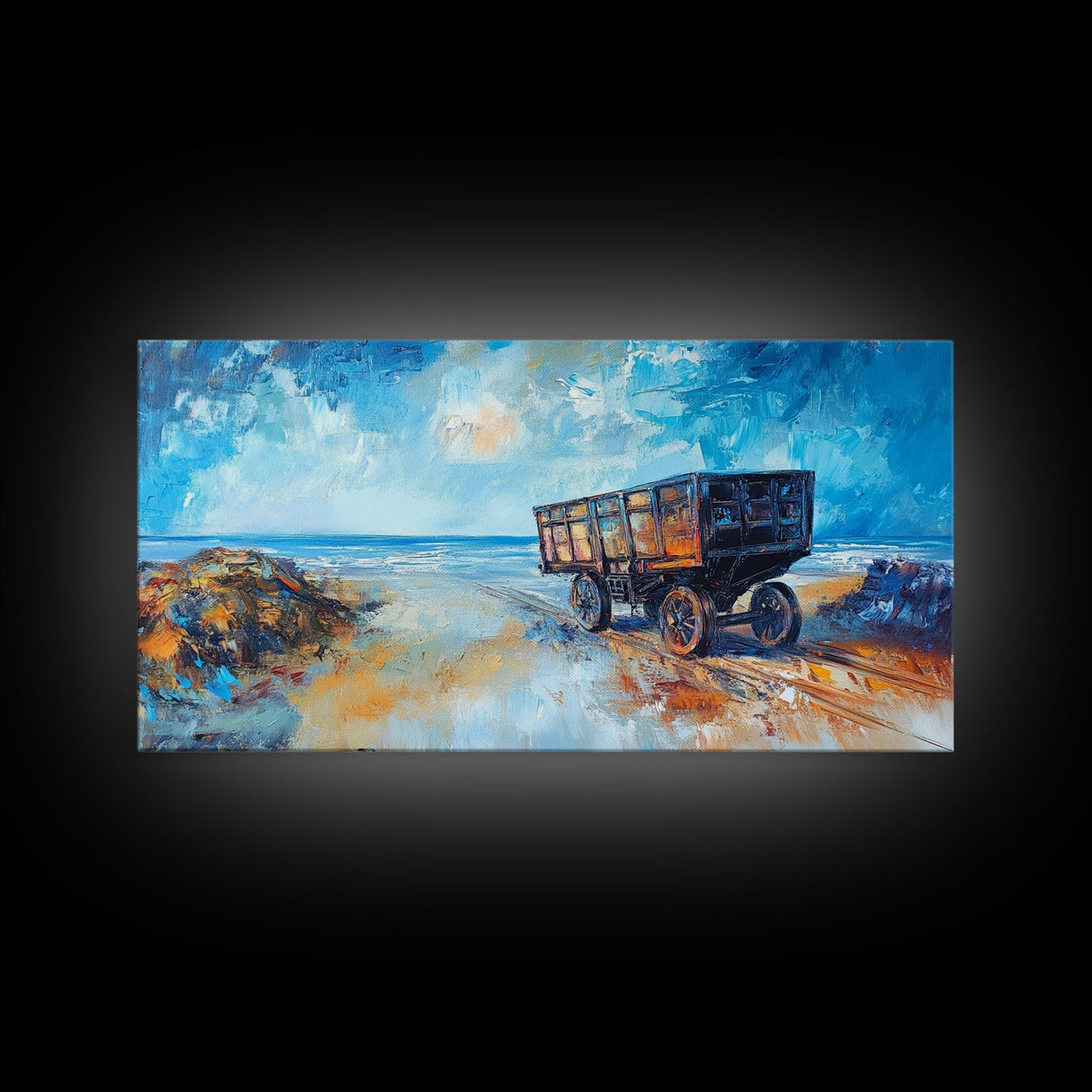 Rustic Wagon, coastal landscape art, framed canvas print, vintage horse art, farmhouse art, extra wide art, panoramic painting