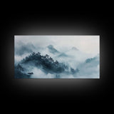 Misty Mountain, chinoiserie wall art, framed canvas print, zen wall art, mountain painting, panoramic painting, extra wide art