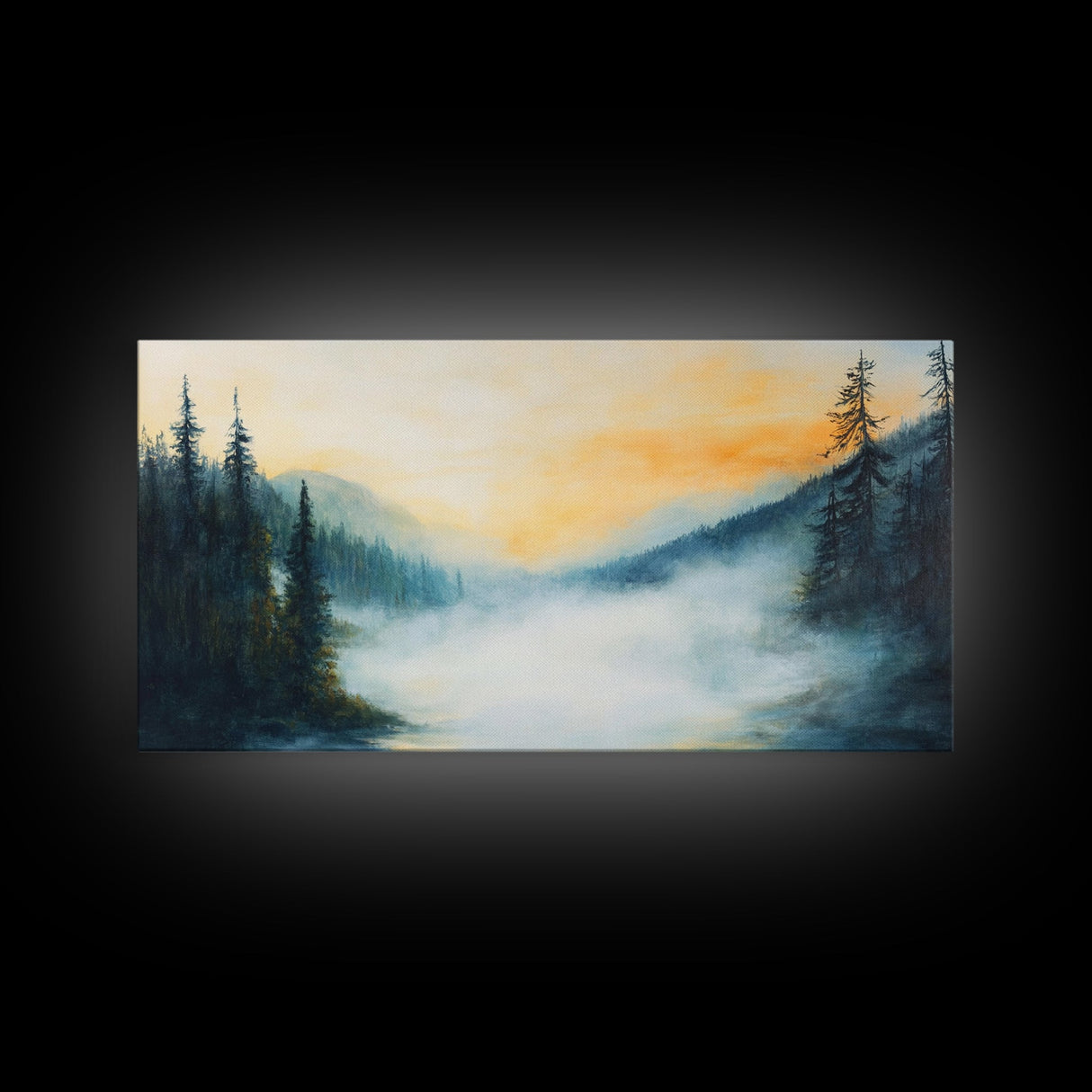 Foggy Pines, smoky mountain art, framed canvas print, forest at dusk painting, pine tree art, above bed wall art, rustic decor
