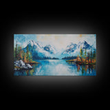 Snowy Peaks, mountain painting, framed canvas print, landscape painting, extra wide art, rustic wall art, above bed wall art
