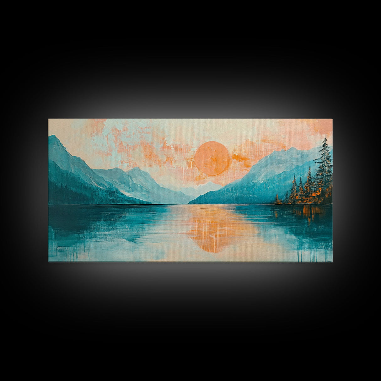 Sunset Lake, lake Tahoe art, framed canvas print, pink orange wall art, horizontal wall art, seascape painting, coastal decor