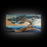 Twisted Tree, Oak Tree Art, Canvas Print, Coastal Landscape Art, Nature Painting, Rustic Wall Art, Blue And Green Wall Art