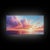 Seascape painting, framed canvas print, extra wide art, sunset painting, panoramic wall art, ocean waves, nautical wall art