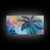 Palm tree painting, coastal wall art, framed canvas print, tropical art, boho art, surf wall art, extra wide art, vibrant wall decor