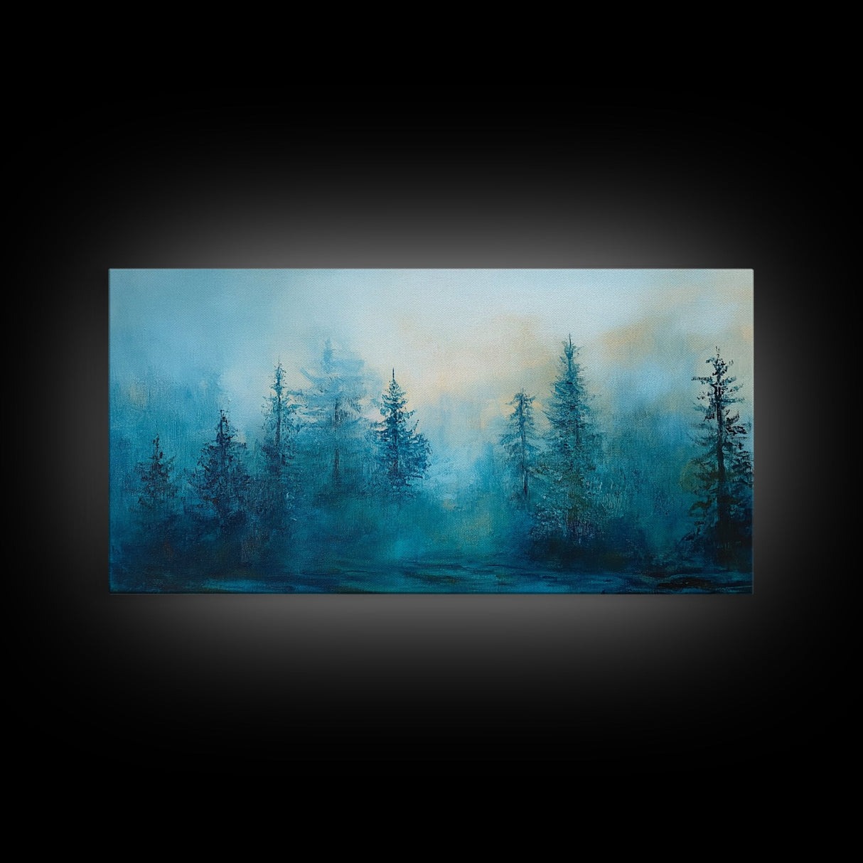 Pine tree art, smoky mountain art, framed canvas print, misty forest painting, rustic wall art, extra wide art, moody landscape