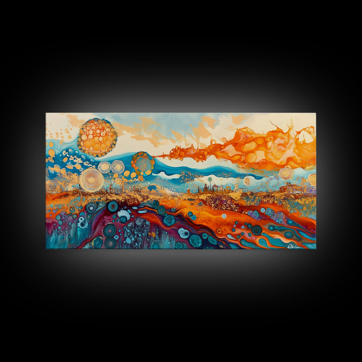 Surreal Abstract Art, phoenix metal art, geometric wall art, moody art, panoramic art, extra wide art, Framed Canvas Print