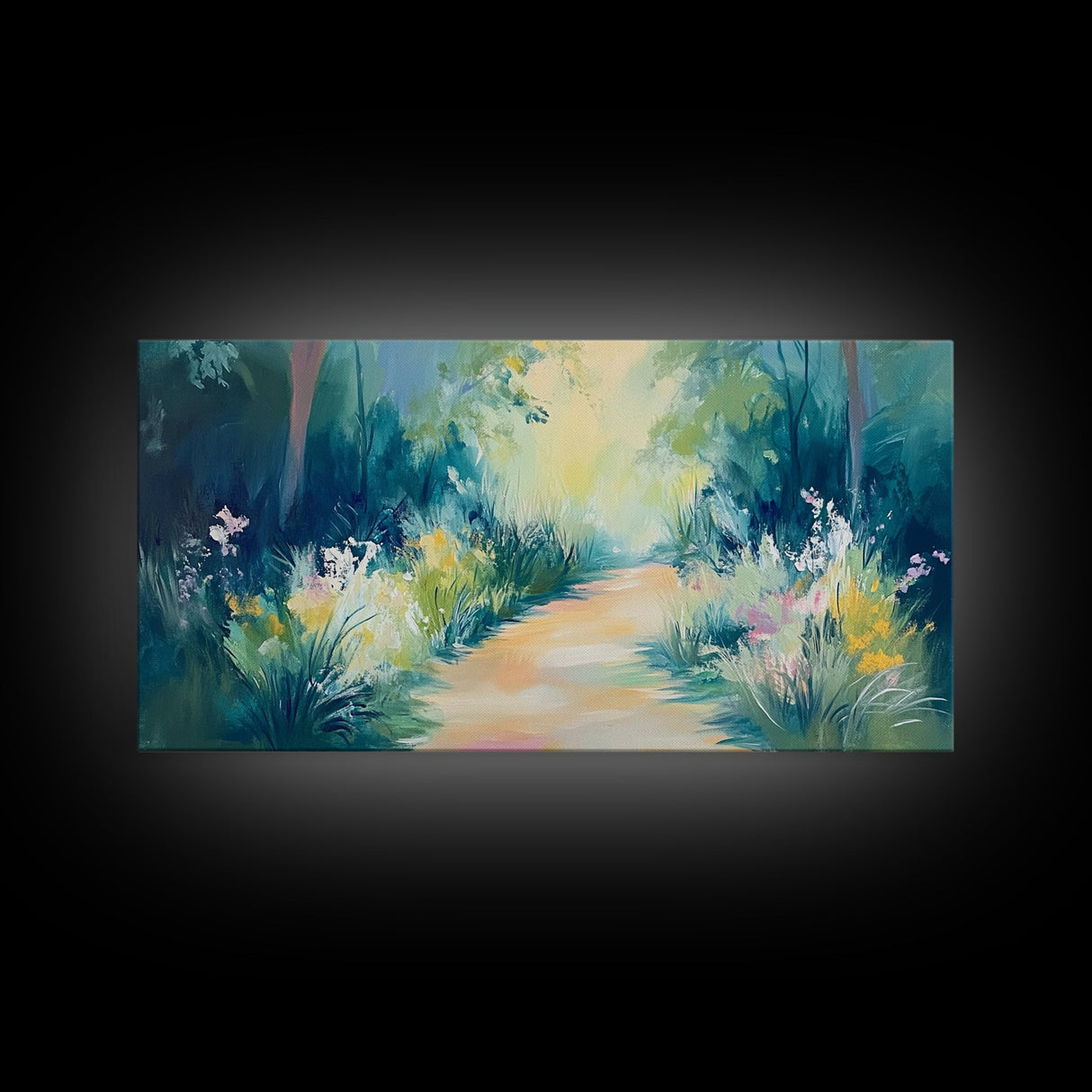 Serene Woodland Trail, wildflower painting, botanical prints, landscape painting, rustic decor, extra wide art, Framed Canvas Print