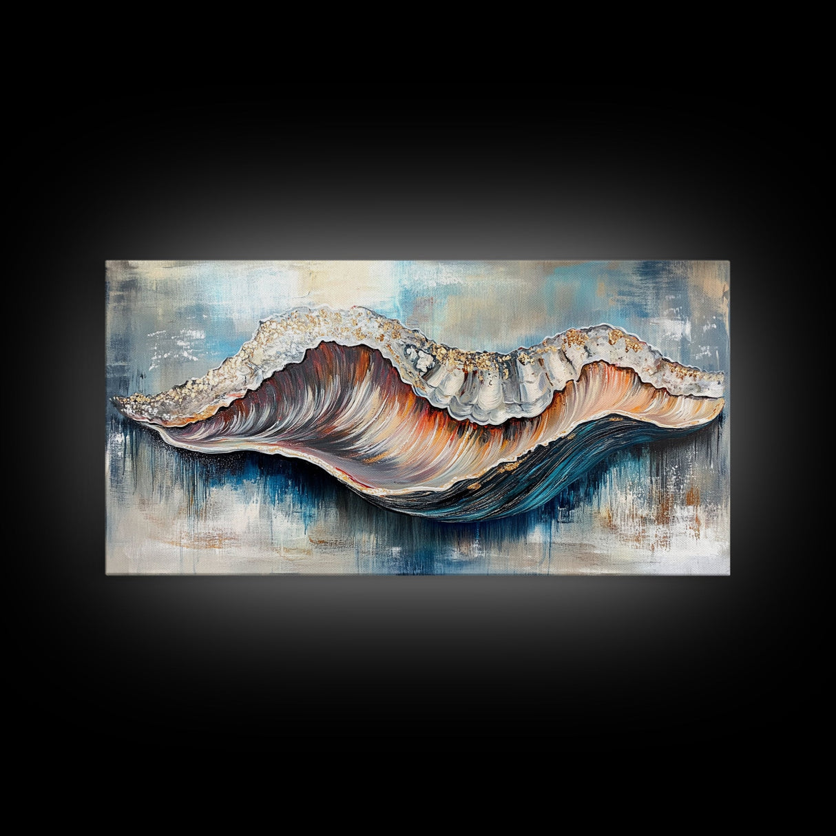 Oyster Shell, coastal painting, framed canvas print, nautical decor, oyster wall art, blue and green wall art, extra wide art