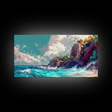 Rocky Cliff Beach, coastal landscape art, framed canvas print, seascape painting, nautical decor, extra wide art, above couch art