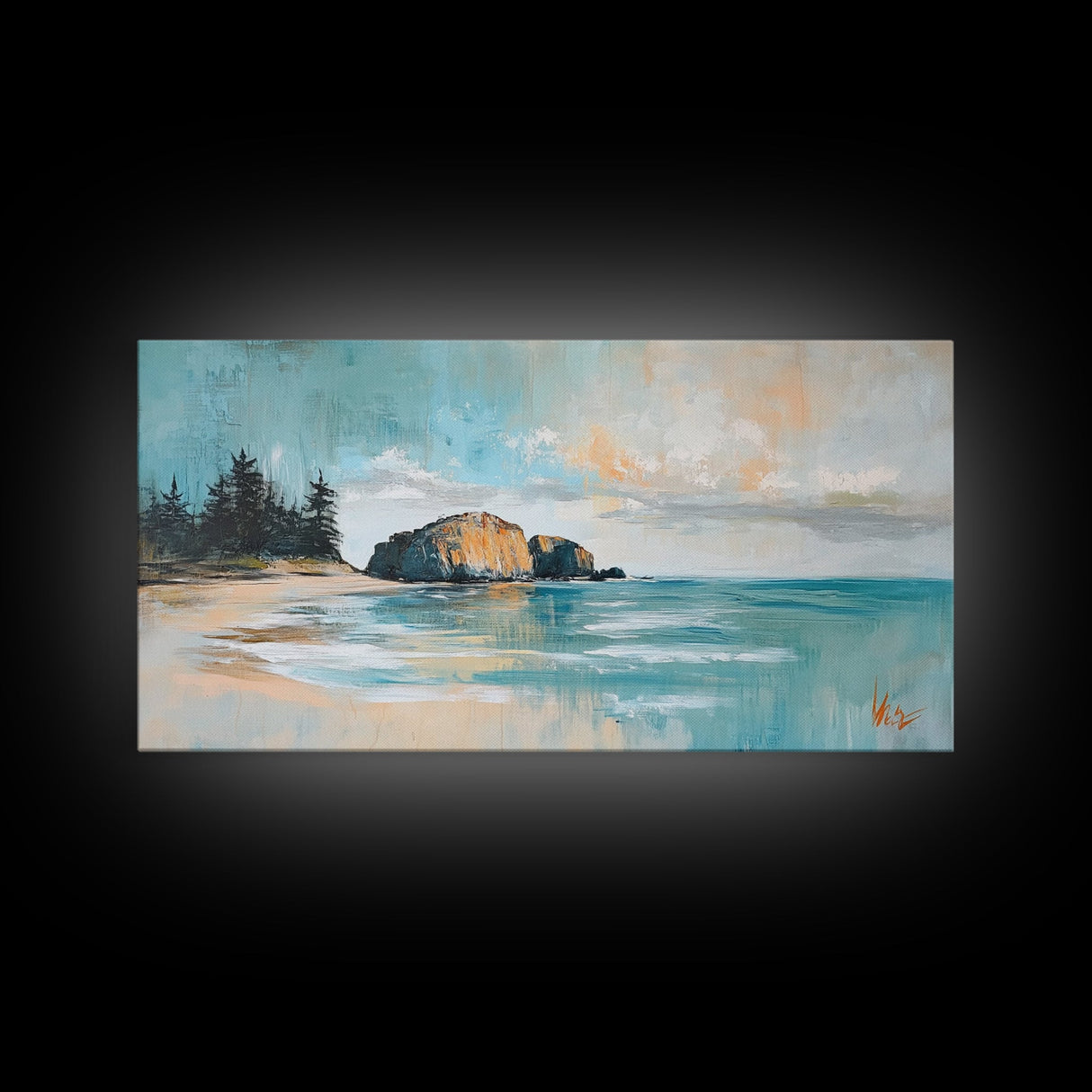 Serene Beach Landscape, framed canvas print, coastal painting, seascape painting, extra wide art, nautical wall art, bedroom art