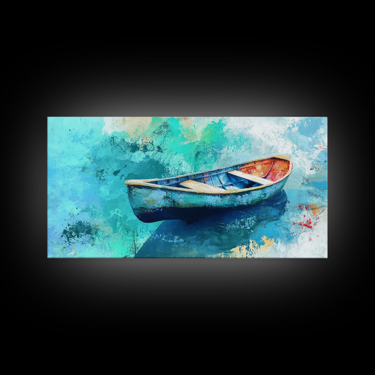 Floating Boat, teal watercolor, impressionist seascape, peaceful ocean, nautical painting, Canvas Print, coastal decor, rustic art