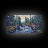 Forest River Scene, pine tree art, mountain painting, landscape painting, smoky mountain art, rustic decor, Framed Canvas Print