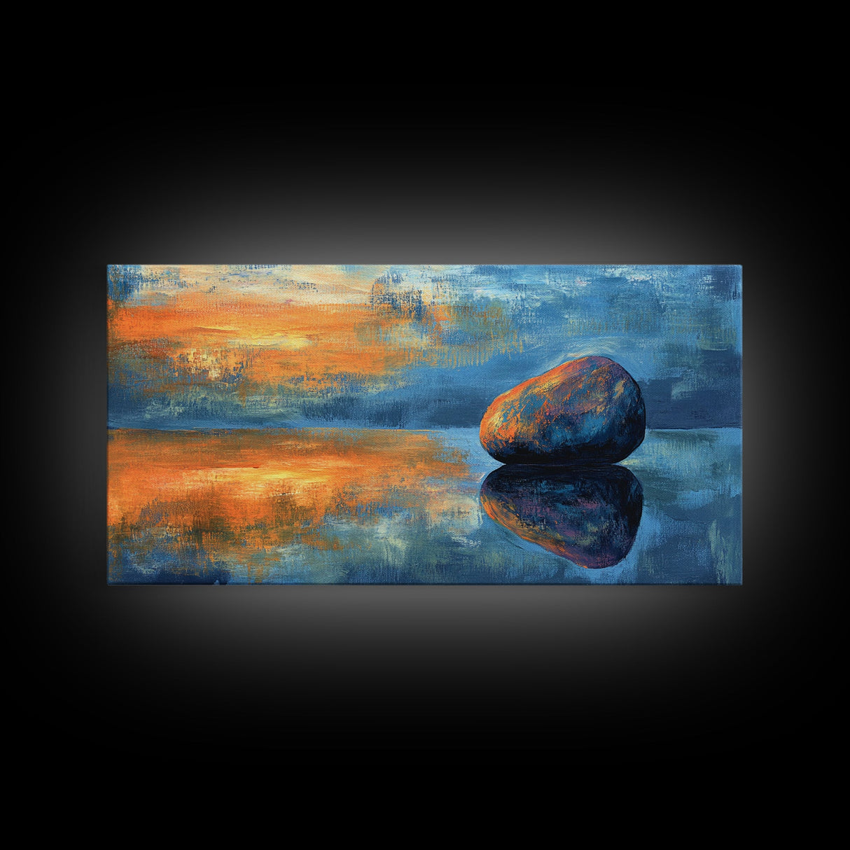 Zen Stone Reflection, moody art, minimalist art, coastal painting, blue and green wall art, extra wide art, canvas print