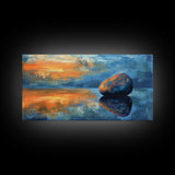 Zen Stone Reflection, moody art, minimalist art, coastal painting, blue and green wall art, extra wide art, canvas print