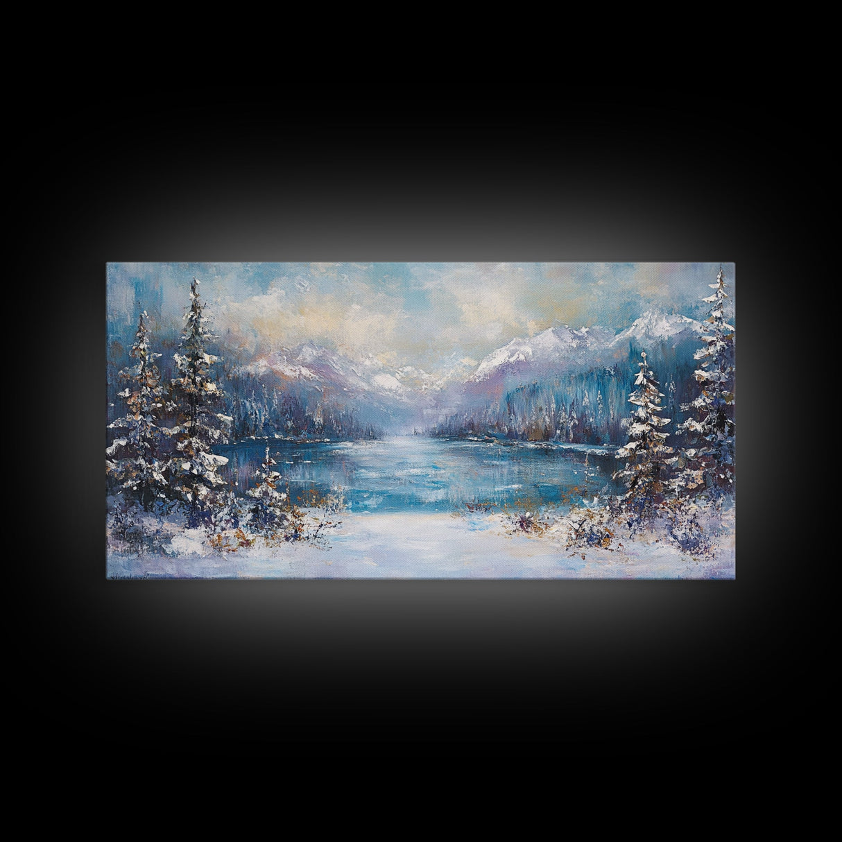 Lake Tahoe Art, Snowy Landscape, Winter Cabin Decor, Framed Canvas Print, Blue and Green Wall Art, Horizontal Wall Art