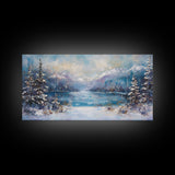 Lake Tahoe Art, Snowy Landscape, Winter Cabin Decor, Framed Canvas Print, Blue and Green Wall Art, Horizontal Wall Art