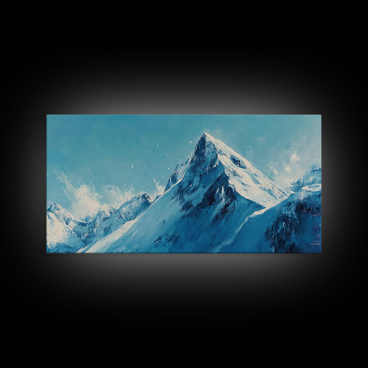 Mountain Painting, Blue and White Art, Snowy Peak Art, Framed Canvas Print, Rustic Decor, Minimalist Art, Extra Wide Art