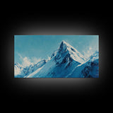 Mountain Painting, Blue and White Art, Snowy Peak Art, Framed Canvas Print, Rustic Decor, Minimalist Art, Extra Wide Art