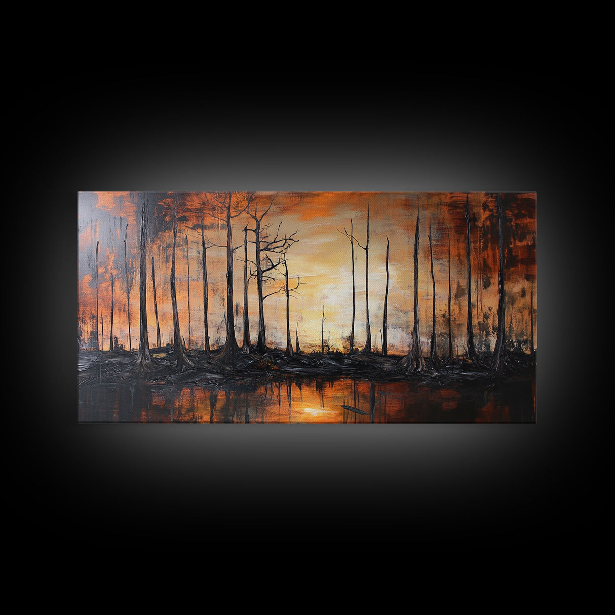 Forest at Dusk, moody art, fall landscape painting, pine tree art, framed canvas print, extra wide art, autumn wall art, rustic decor