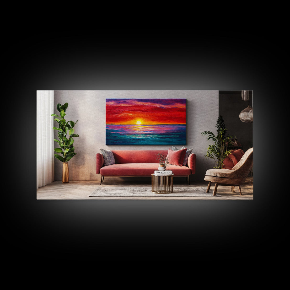 Red Couch, Sunset Painting, Above Sofa Art, Coastal Wall Art, Beach Decor, Panoramic Art, Framed Canvas Print, Living Room Art
