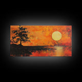 Sunset Tree, orange wall art, oak tree art, moody art, panoramic art, extra wide art, rustic wall art, Framed Canvas Print